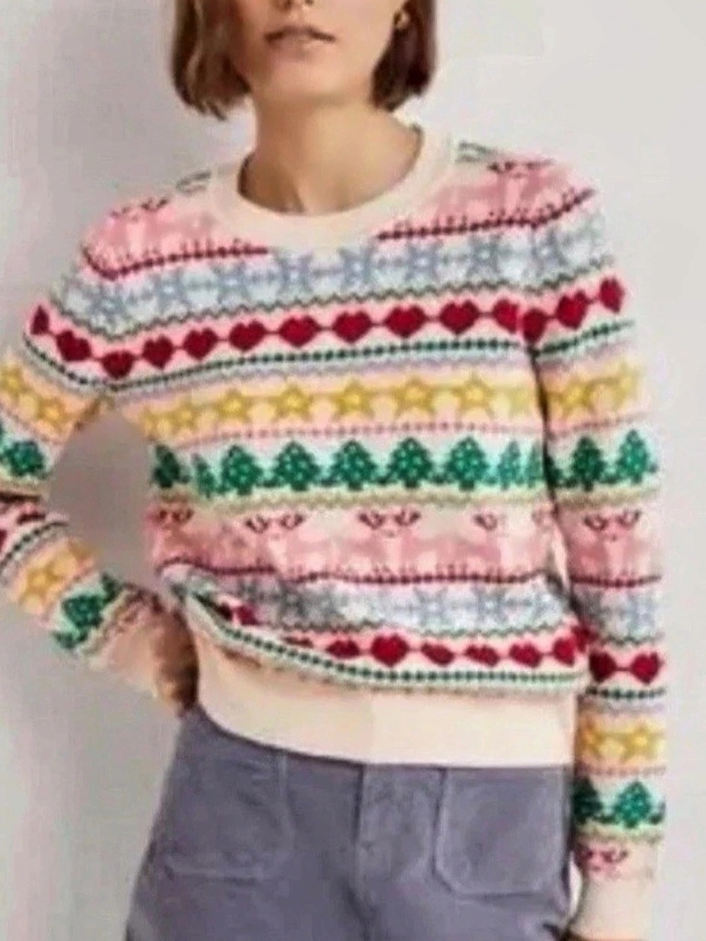 Rare Boden Fair Isle Crewneck Sweater in White & Pink Size Medium - Picture 4 of 11